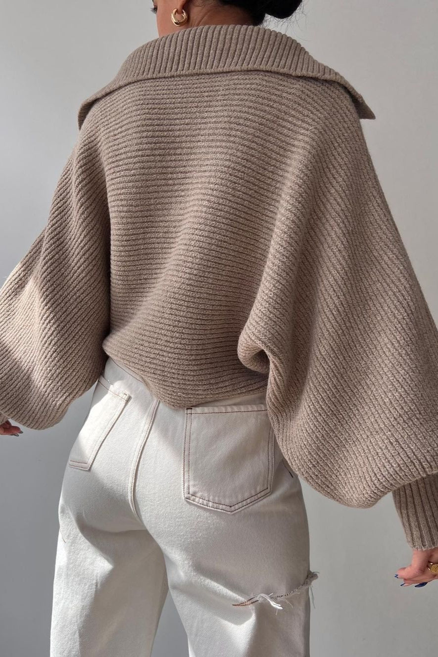 Lantern Sleeve Open Collar Knit Sweater - Image 6