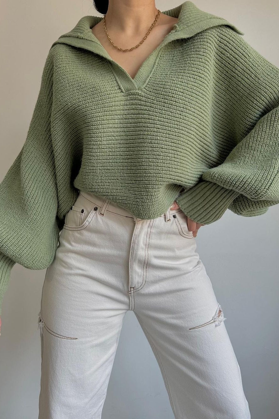 Lantern Sleeve Open Collar Knit Sweater - Image 7