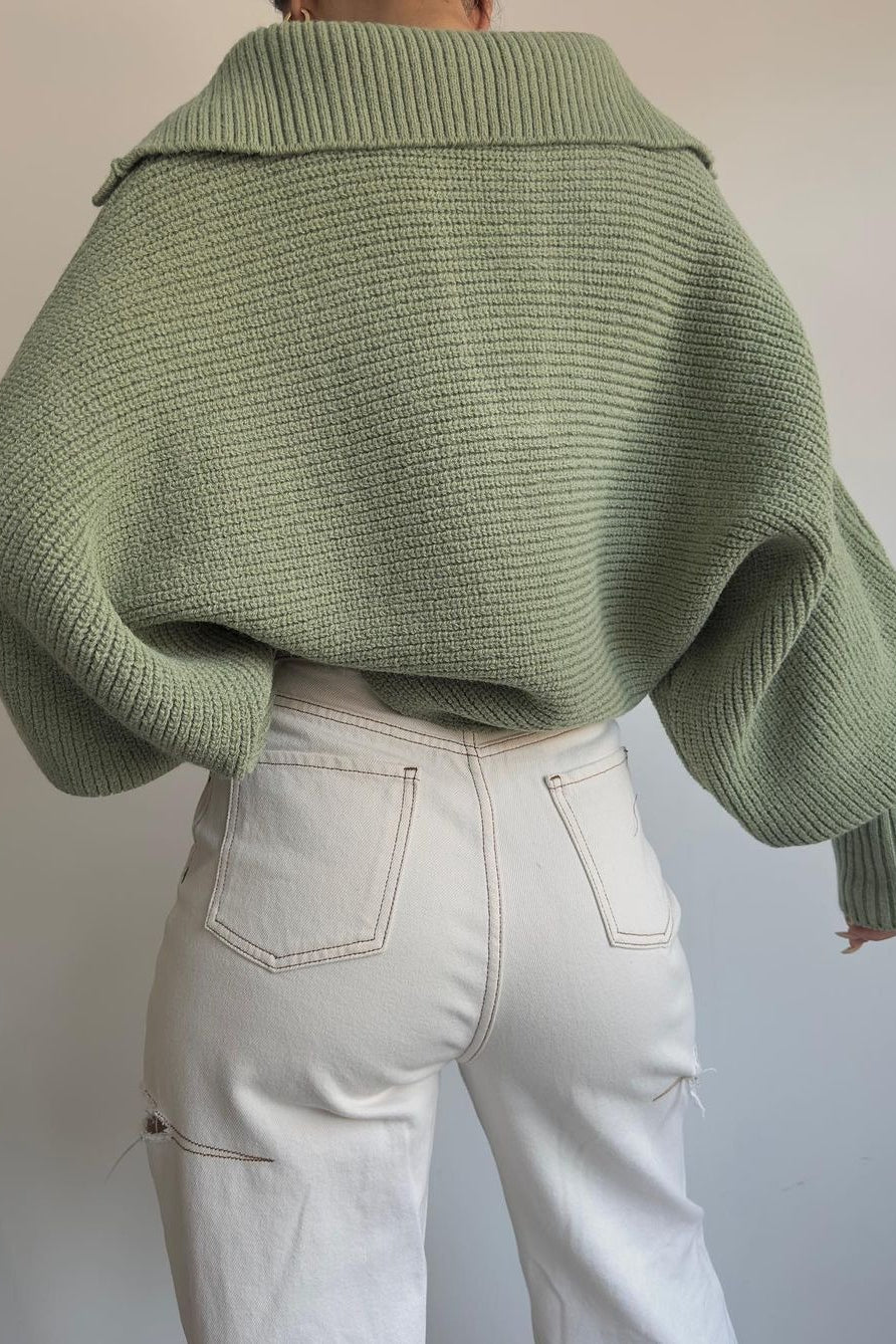 Lantern Sleeve Open Collar Knit Sweater - Image 9