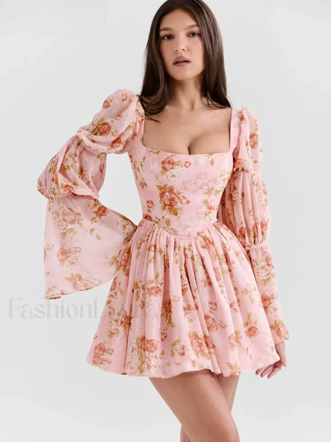 Lantern Sleeve Square Floral Dress