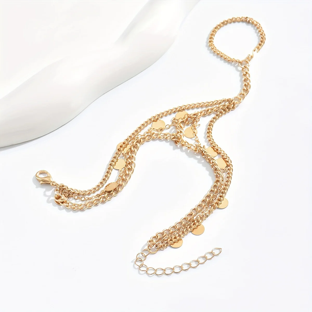 Layered Metal Disc and Chain Finger Bracelet - Image 4