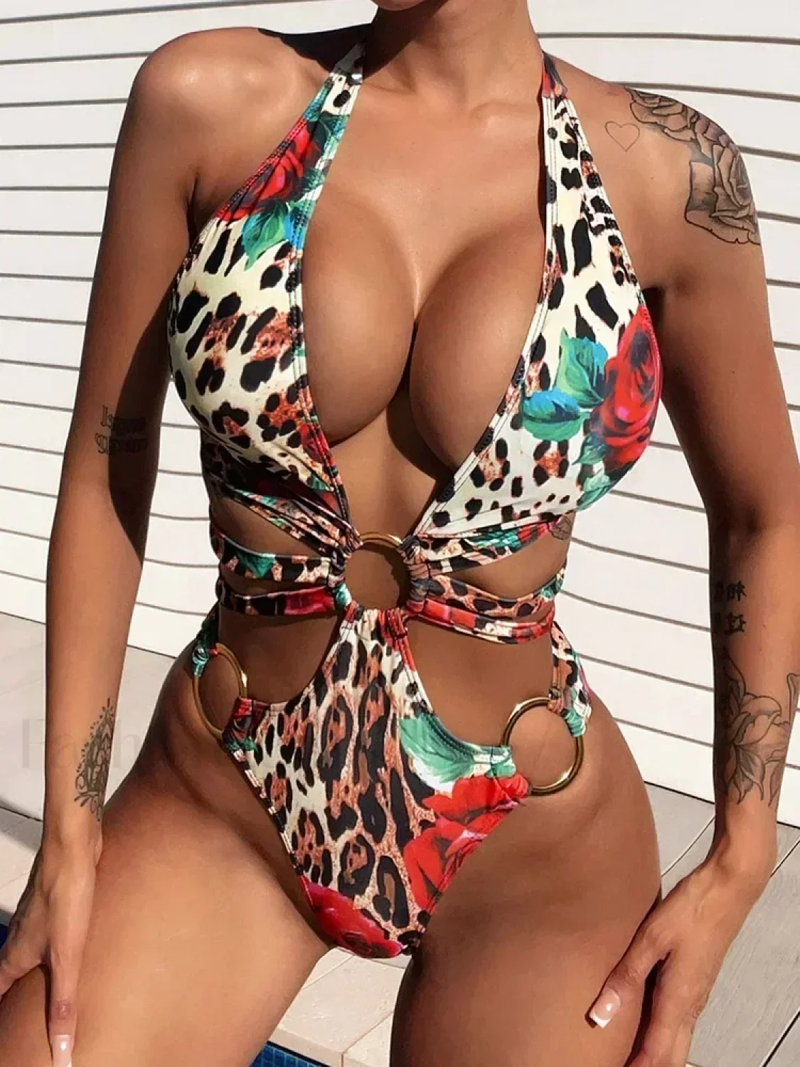 Leopard Floral Ring Deep V One Piece - Image 2