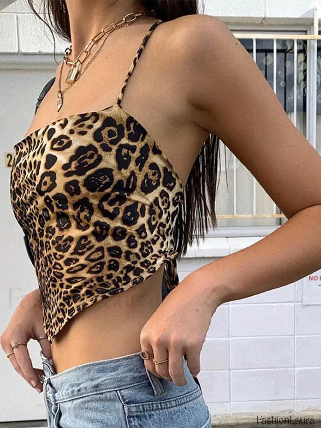 Leopard Pattern Backless Cross Lace Crop Top - Image 11