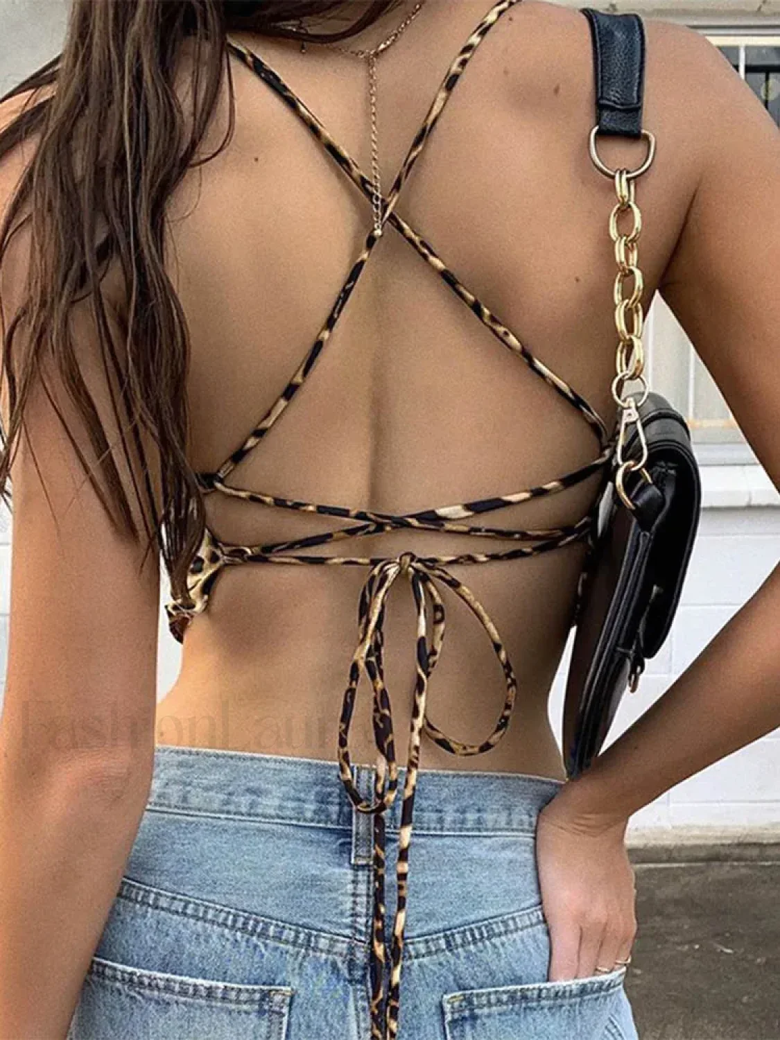Leopard Pattern Backless Cross Lace Crop Top - Image 6
