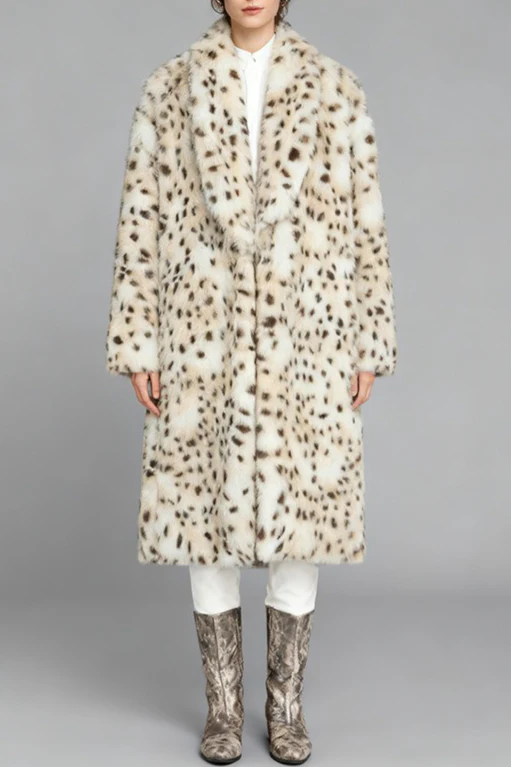 Leopard Print Faux Fur Notch Collar Overcoat - Image 2
