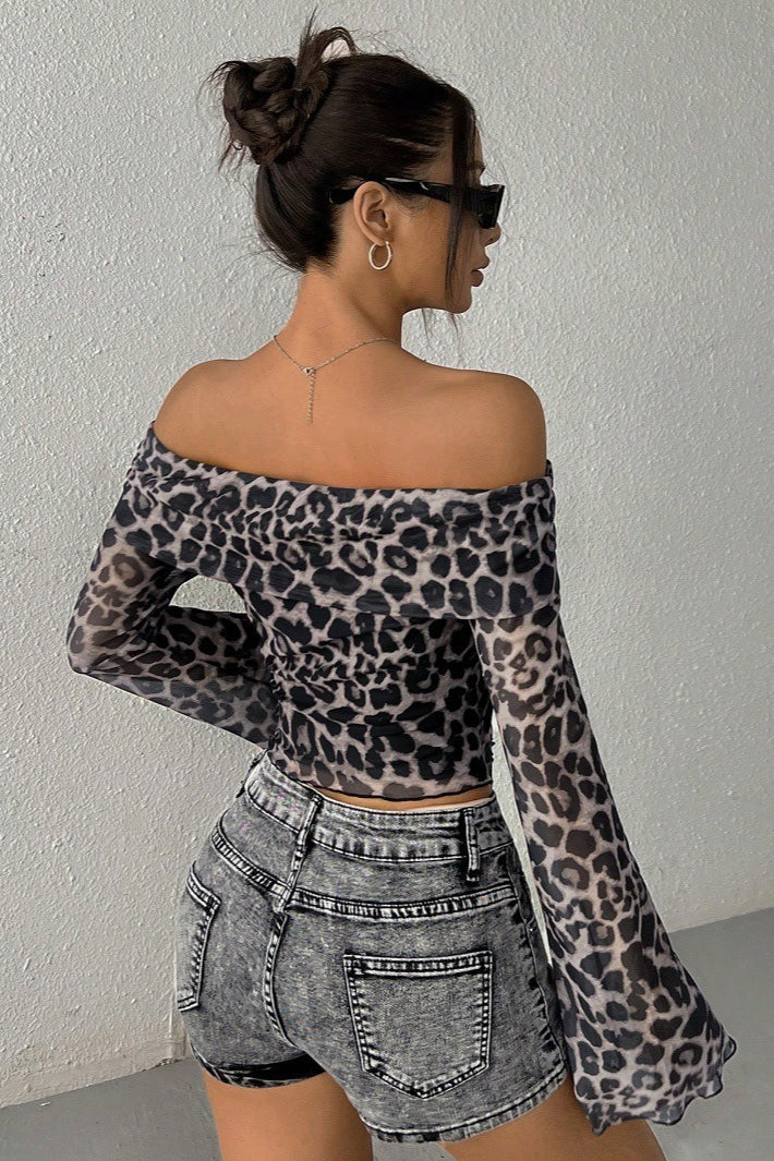 Leopard Print Off Shoulder Long Sleeve Tee - Image 2