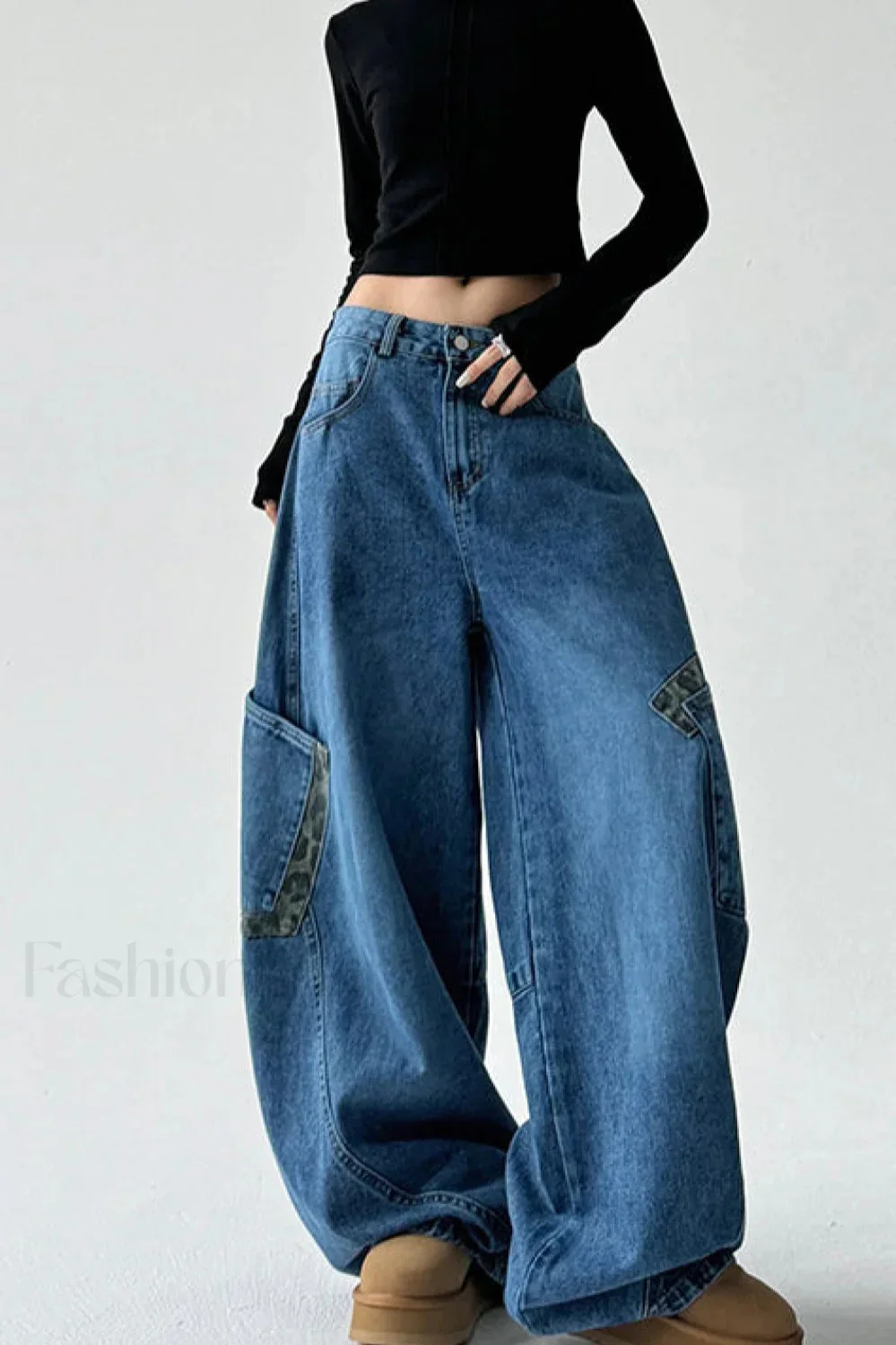 Leopard Spliced Vintage Wide Leg Jeans - Image 10