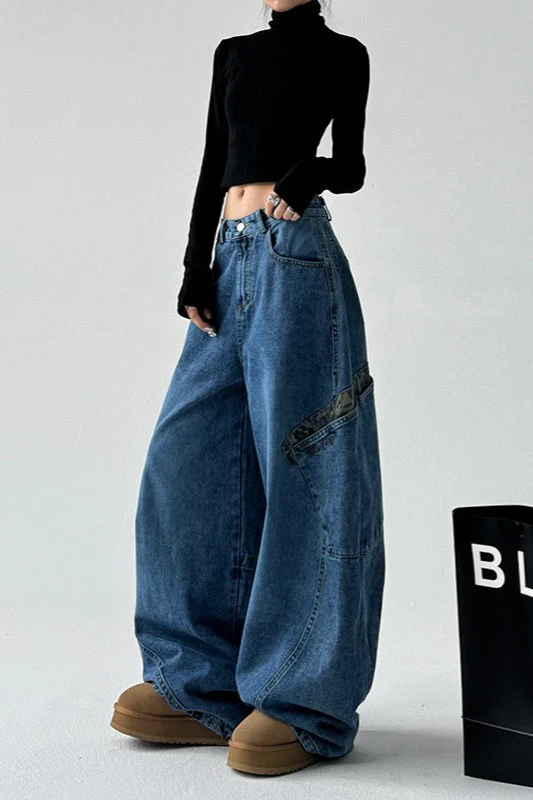 Leopard Spliced Vintage Wide Leg Jeans - Image 12