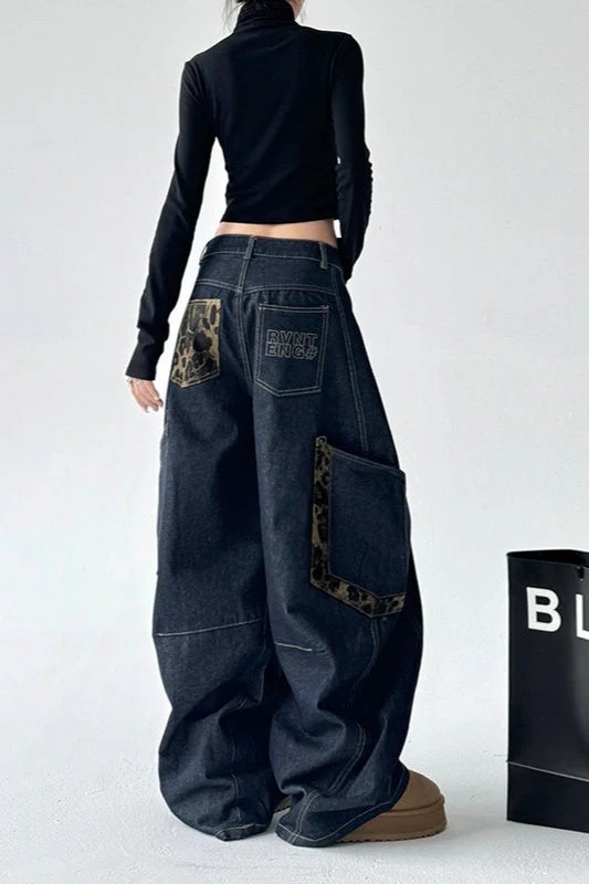 Leopard Spliced Vintage Wide Leg Jeans - Image 13