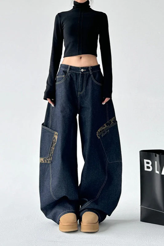 Leopard Spliced Vintage Wide Leg Jeans - Image 16