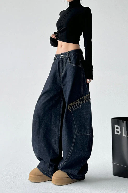 Leopard Spliced Vintage Wide Leg Jeans - Image 2