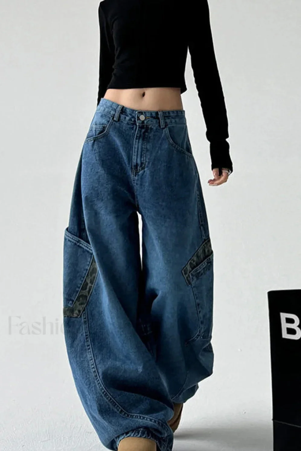 Leopard Spliced Vintage Wide Leg Jeans - Image 6