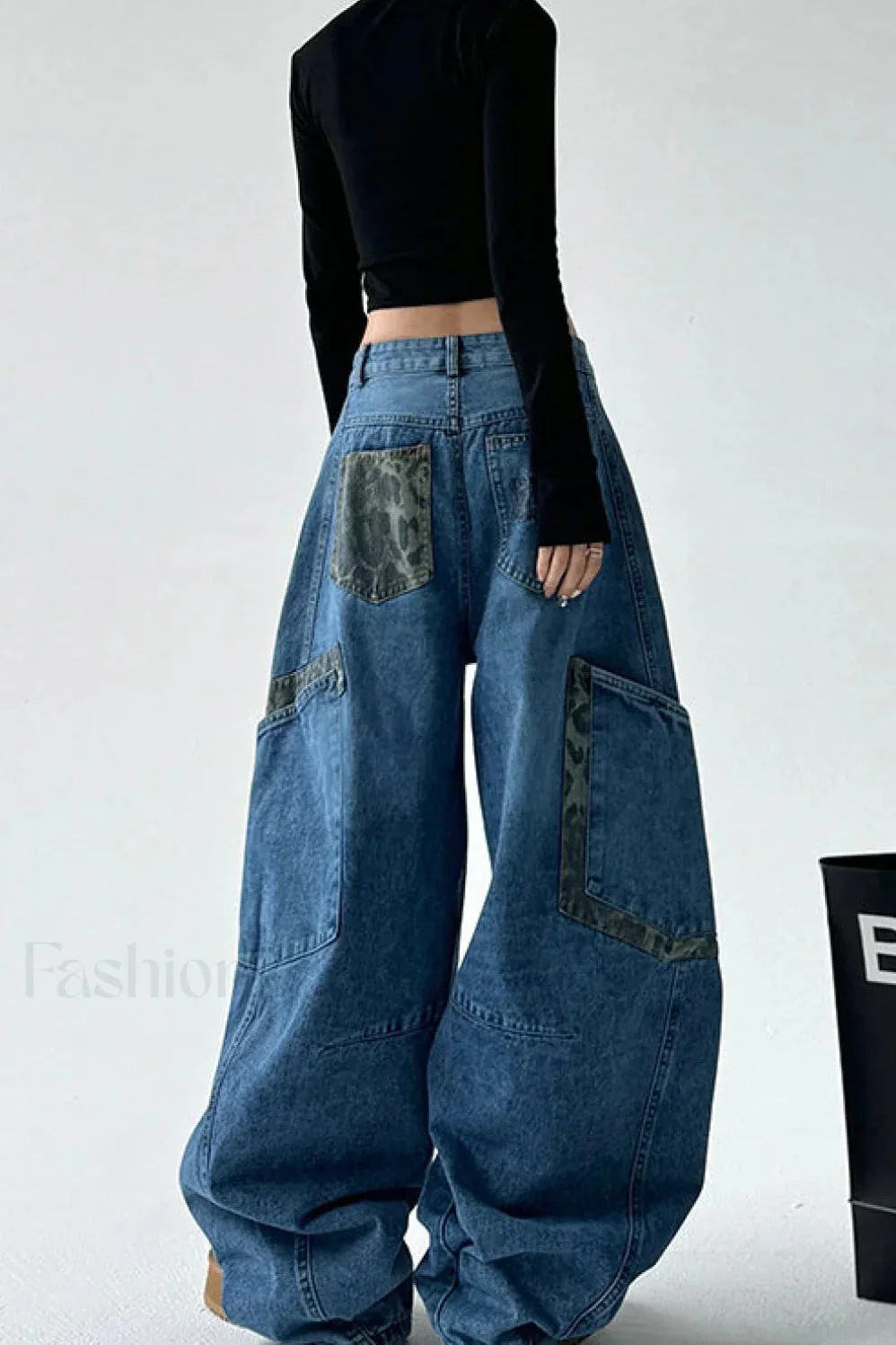Leopard Spliced Vintage Wide Leg Jeans - Image 8
