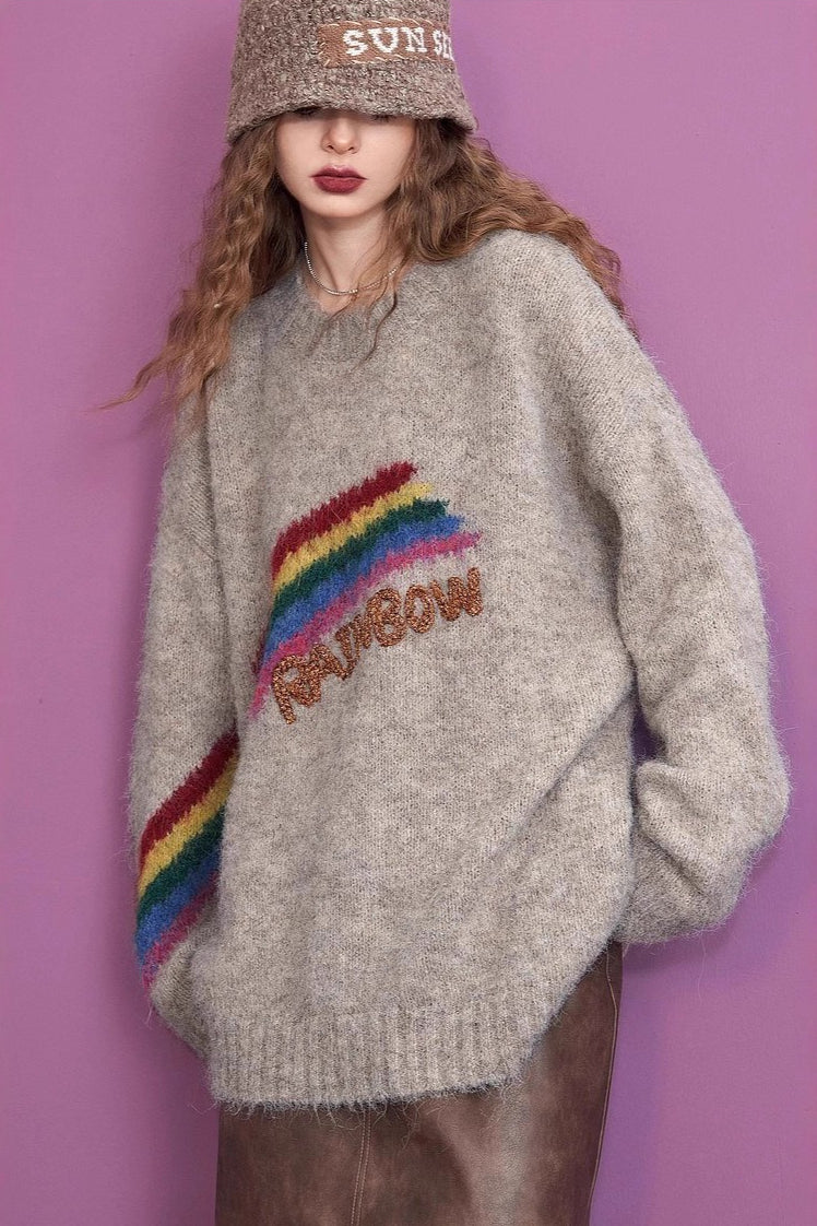 Letter Embroidery Relaxed Crewneck Sweater - Image 2