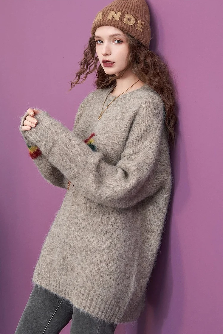 Letter Embroidery Relaxed Crewneck Sweater - Image 6