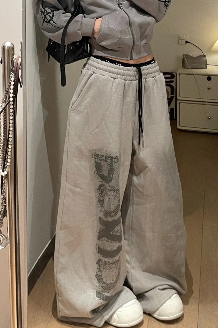 Letter Print Tie Wide Leg Casual Sweat Pants - Image 3