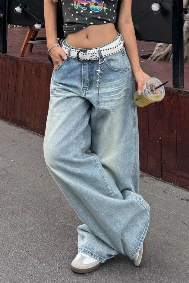 Light Blue High Waist Washed Wide Leg Jeans - Image 2