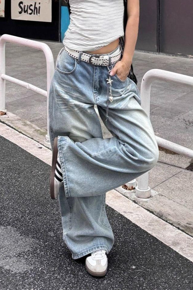Light Blue High Waist Washed Wide Leg Jeans - Image 6
