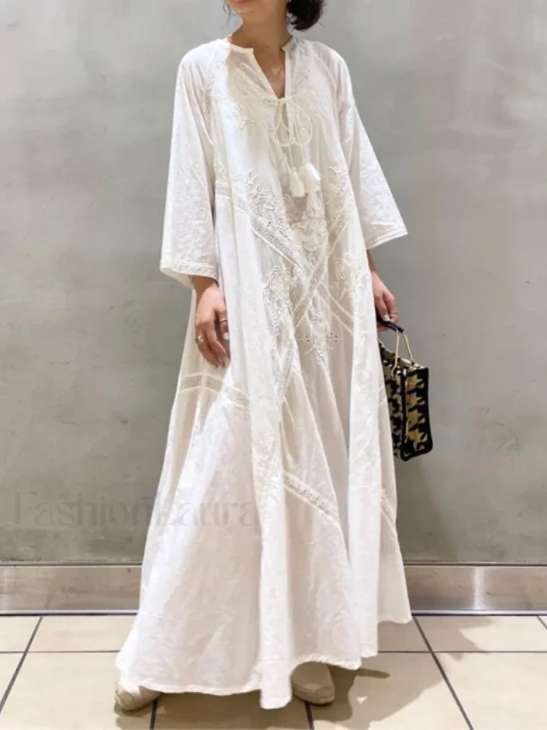 Linen Lace-Up White Boho Dress