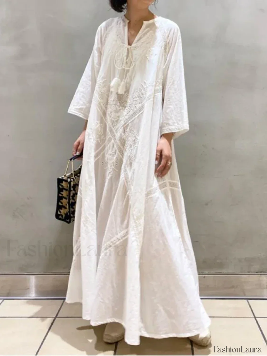 Linen Lace-Up White Boho Dress - Image 7