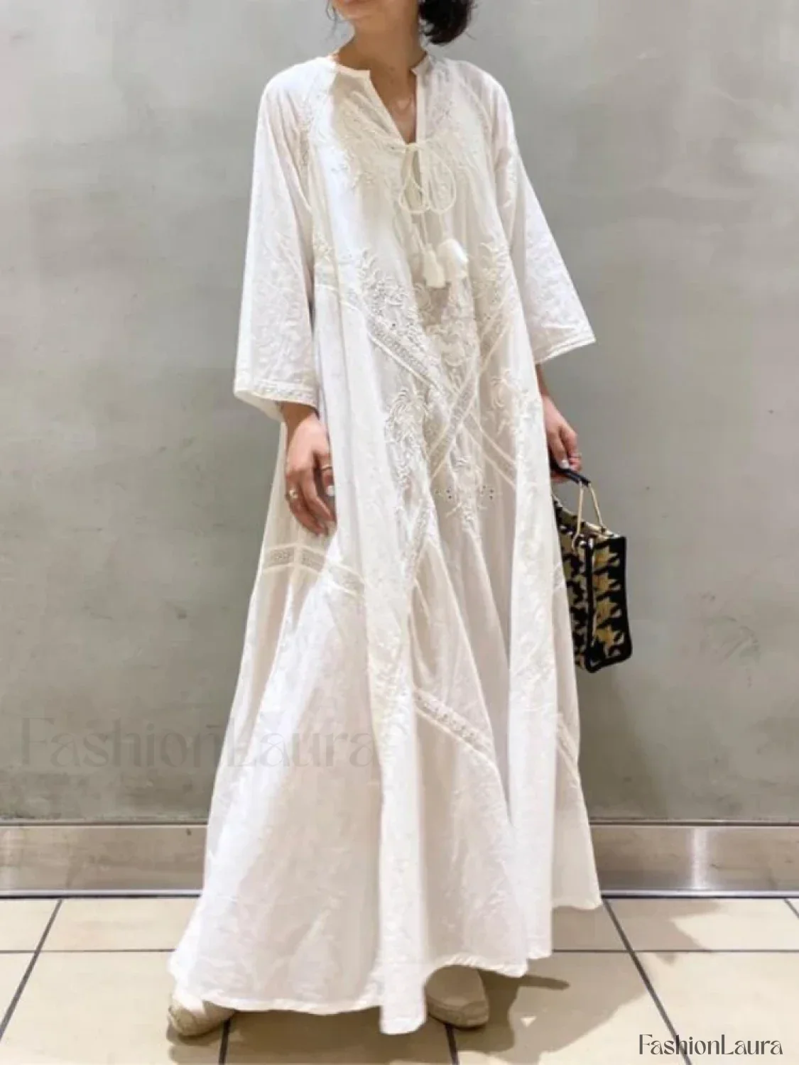 Linen Lace-Up White Boho Dress - Image 9