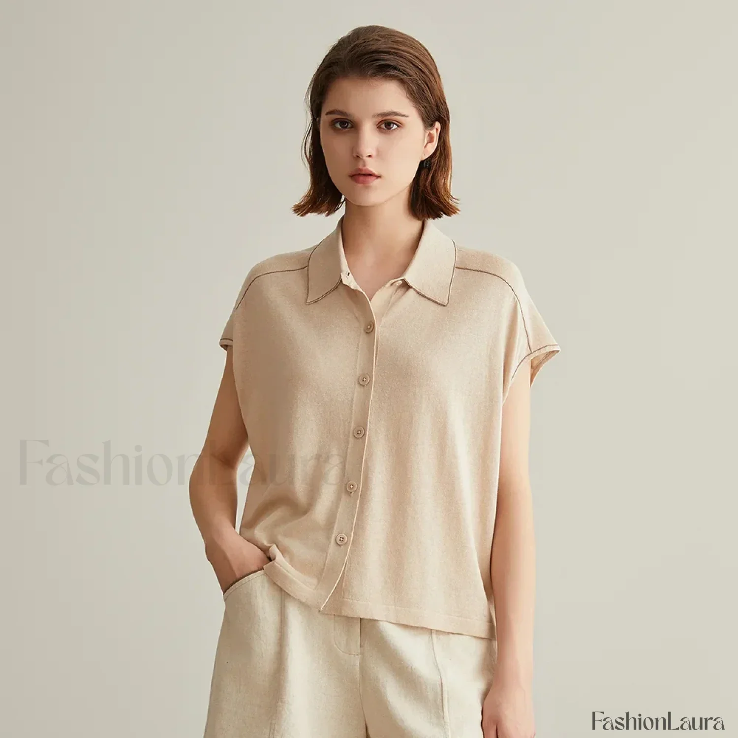 Linen Silk Polo Knitted Cardigan T-Shirt - Image 15