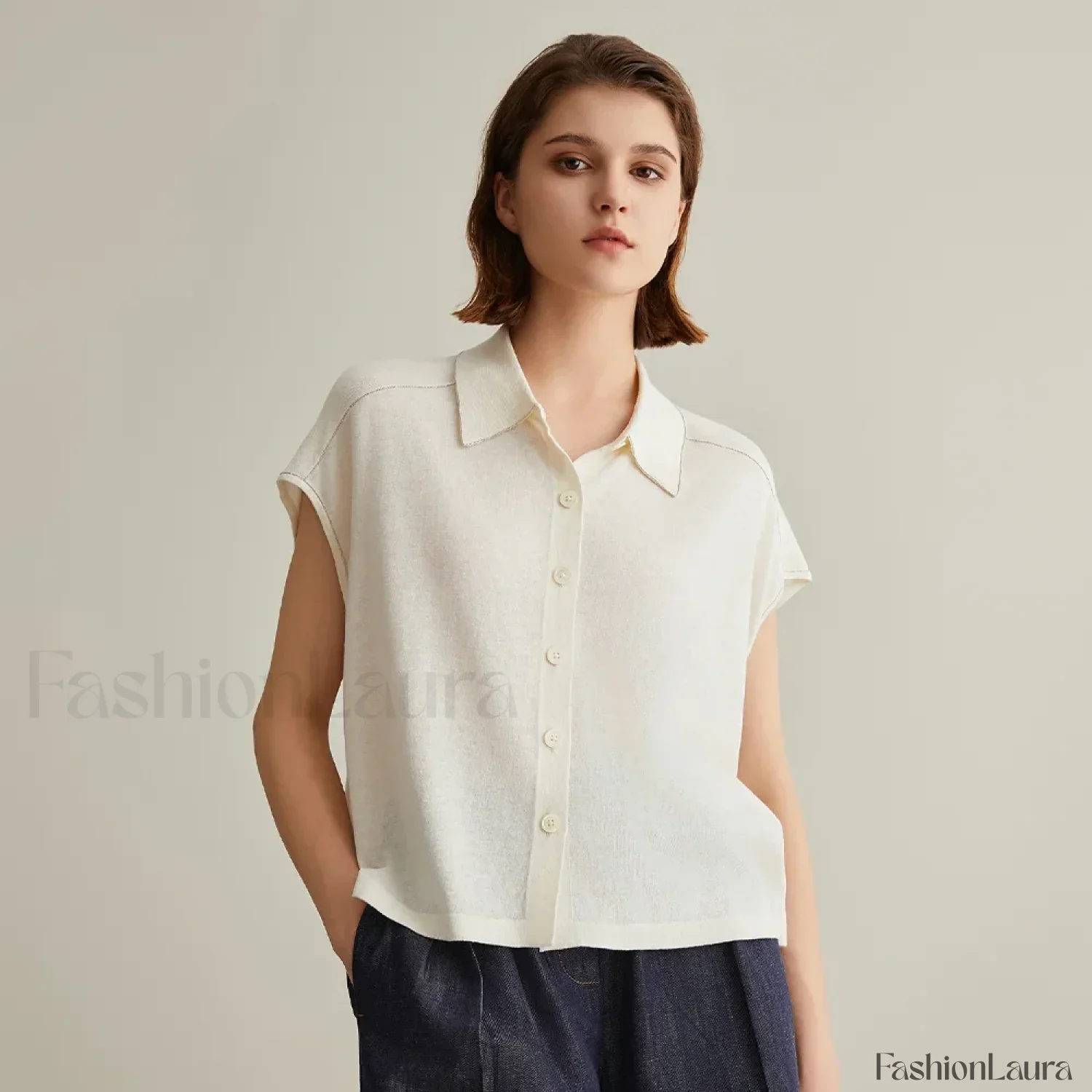 Linen Silk Polo Knitted Cardigan T-Shirt - Image 18