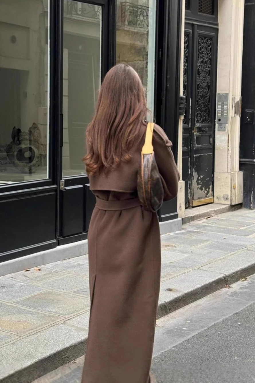 Long Line Solid Notch Collar Tied Overcoat - Image 3