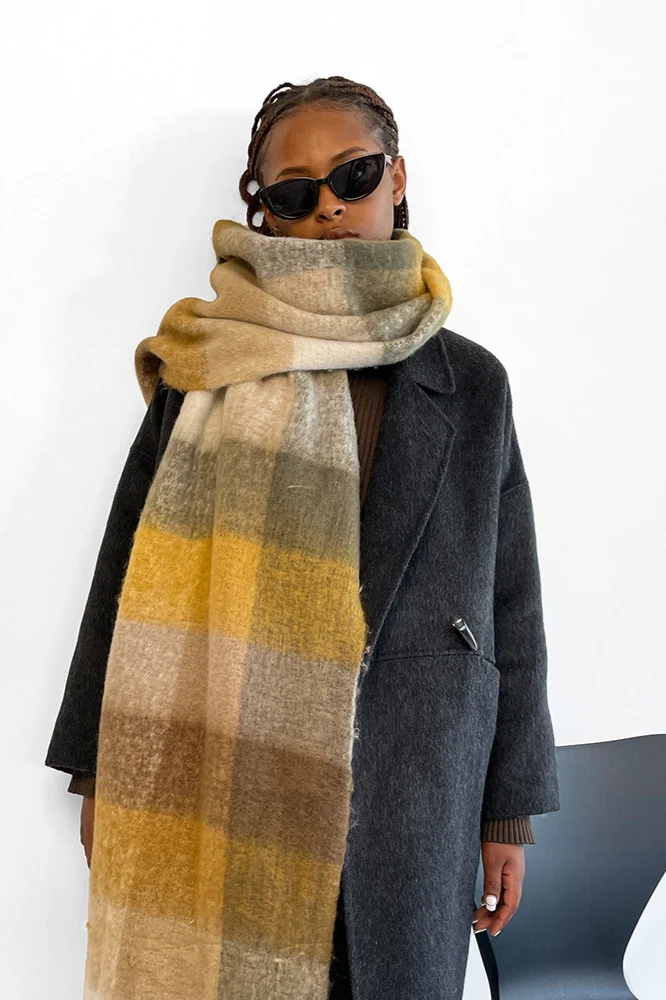 Long Plaid Mohair Fringe Wrap Scarf - Image 2