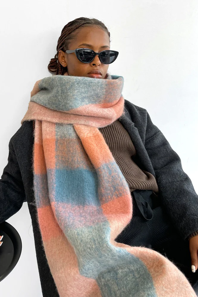 Long Plaid Mohair Fringe Wrap Scarf - Image 3