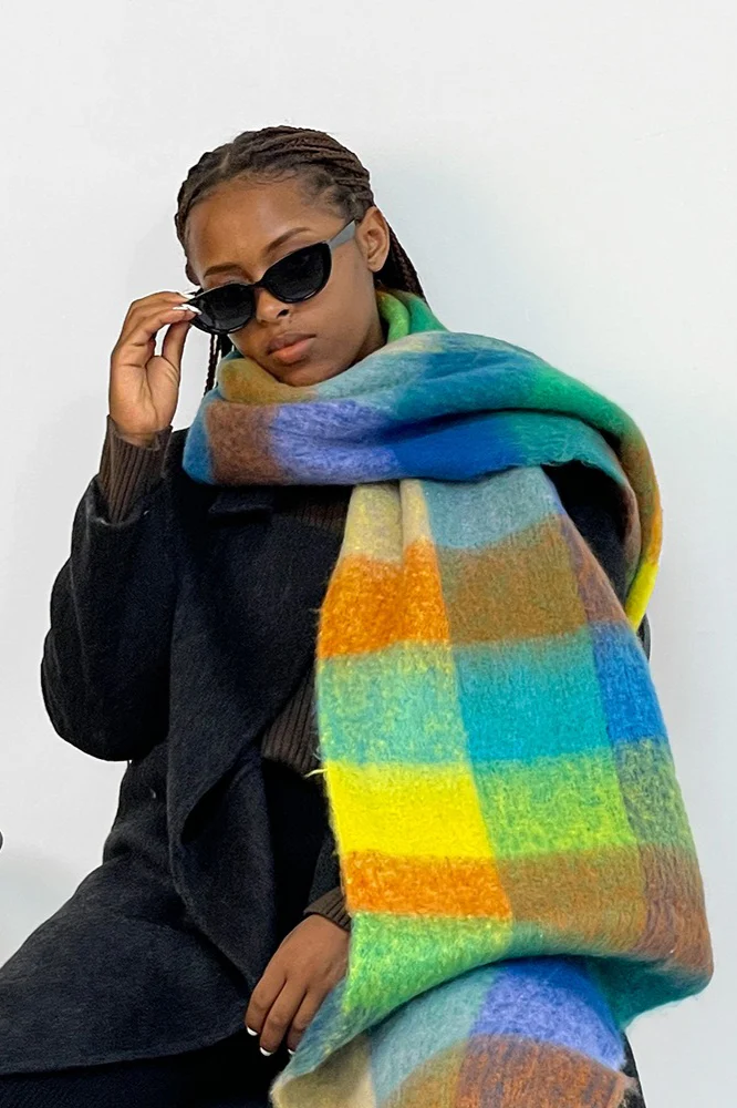 Long Plaid Mohair Fringe Wrap Scarf - Image 4