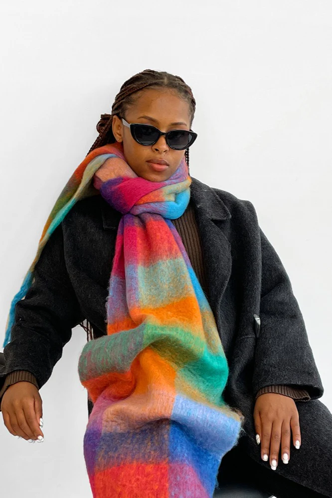 Long Plaid Mohair Fringe Wrap Scarf - Image 5