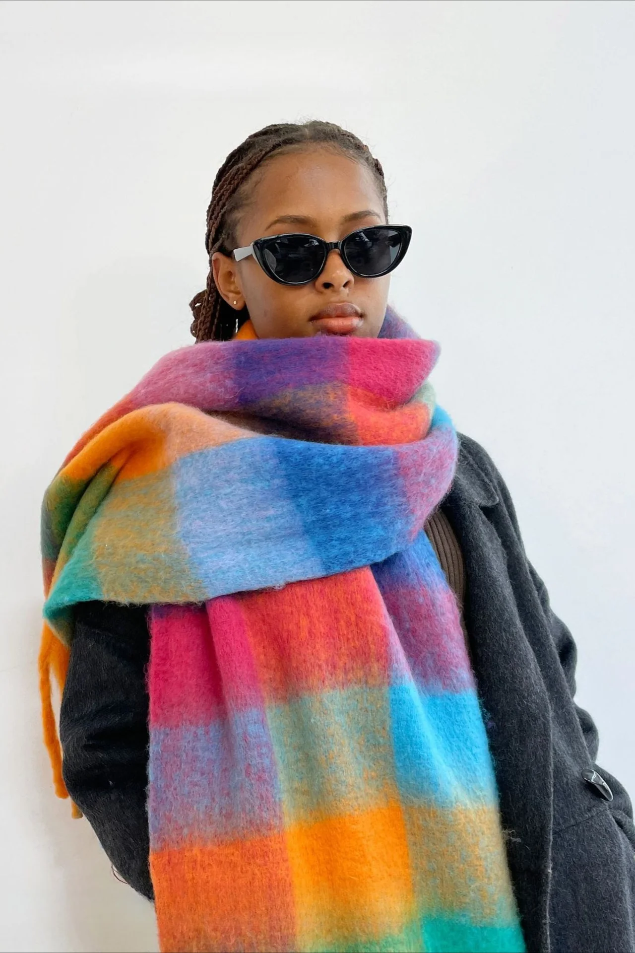 Long Plaid Mohair Fringe Wrap Scarf - Image 6