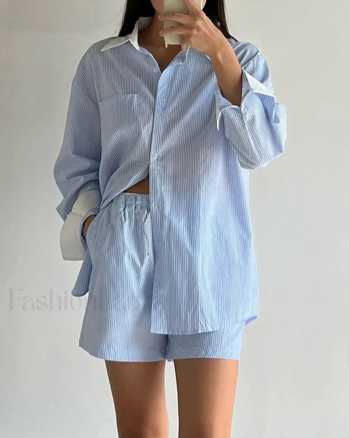 Long Sleeve Collar Pajama Shorts Two Piece Set - Image 2