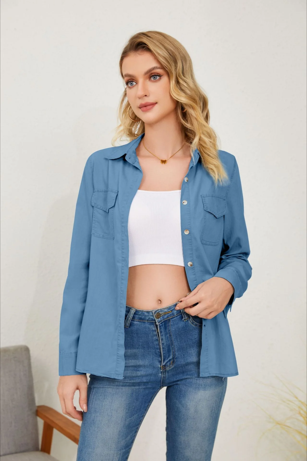 Long Sleeve Denim Lapel Blouse - Image 3