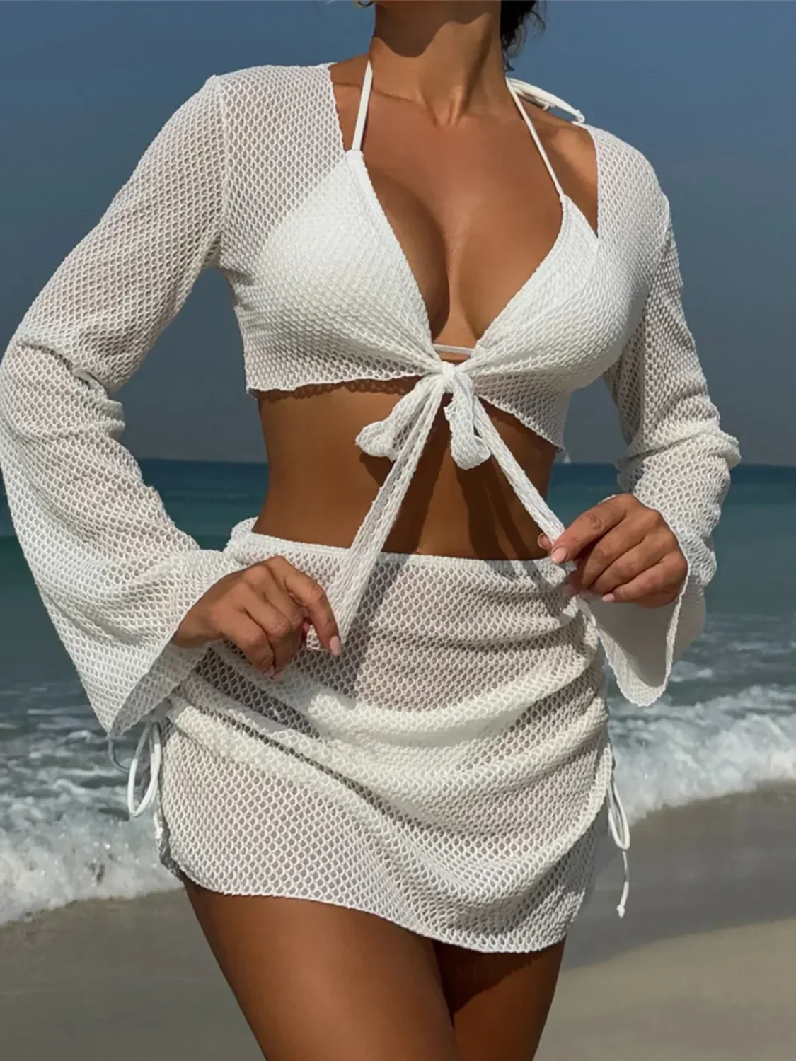 Long Sleeve Halter Bikini Four Piece Set - Image 3