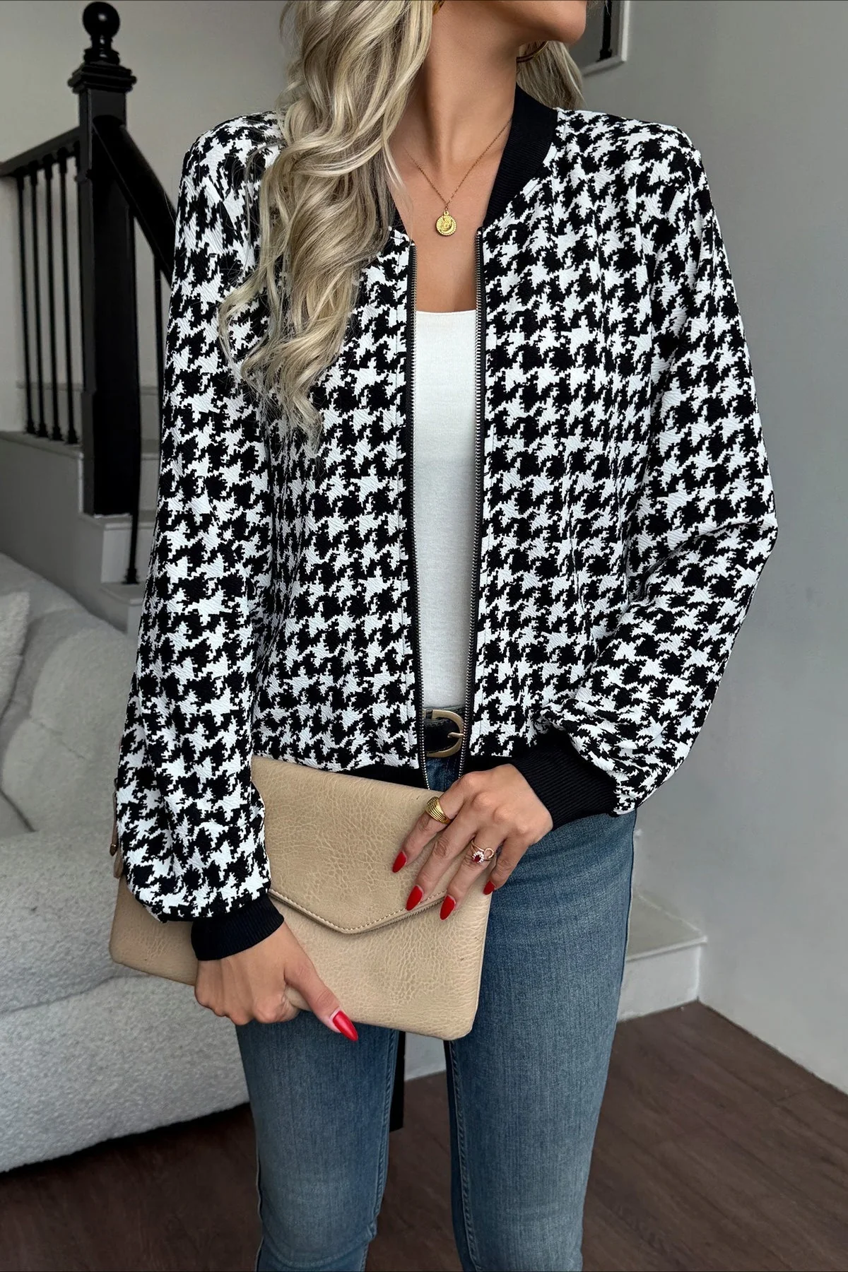 Long Sleeve Houndstooth Fitted Jacket - Image 5