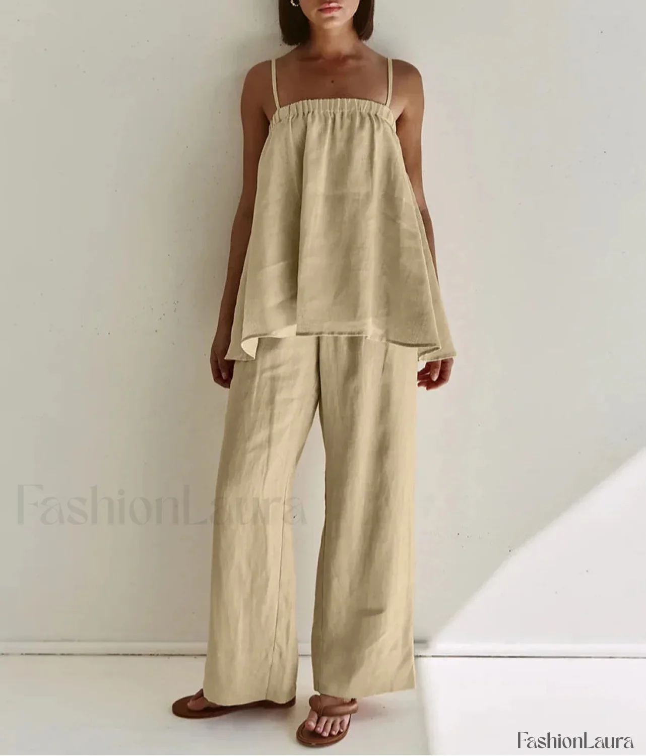 Loose Khaki Cotton Tank Pants Two Piece Set - Image 4