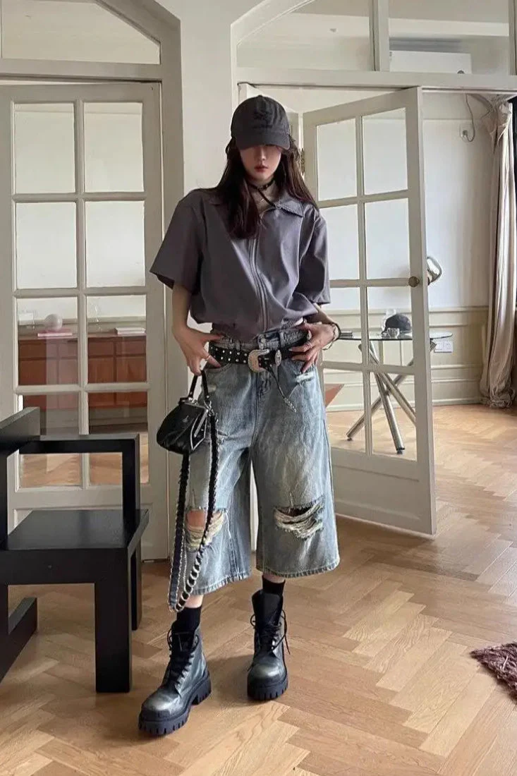 Loose Ripped Capri Wide Leg Jeans - Image 17