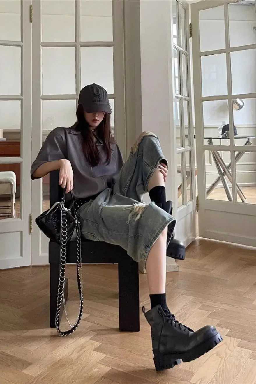 Loose Ripped Capri Wide Leg Jeans - Image 6