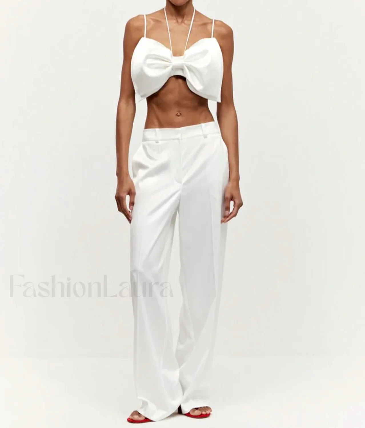 Loose White Satin Bow Skirt Two Piece Set - Image 4