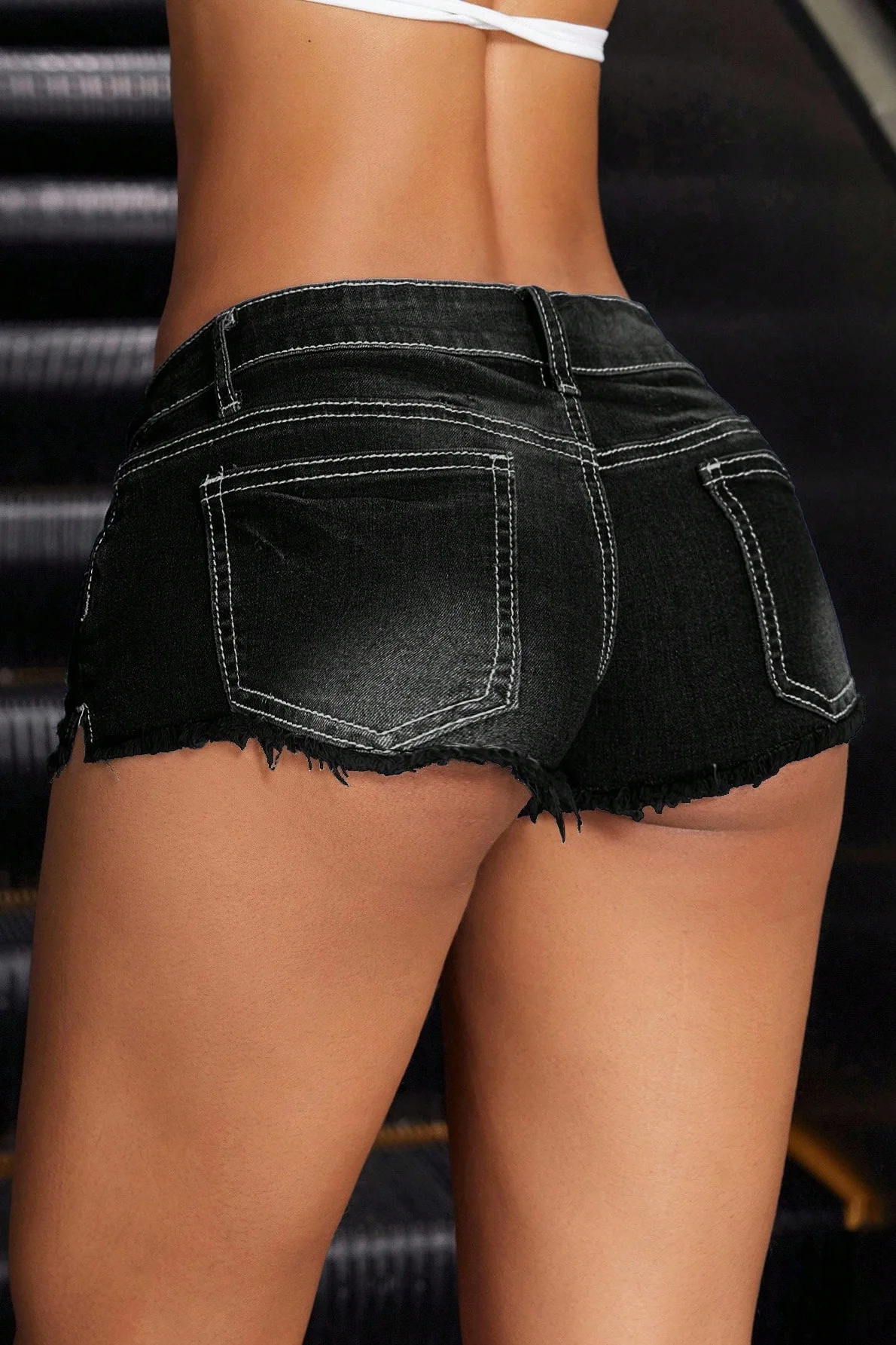 Low Rise Frayed Hem Bodycon Denim Micro Shorts - Image 2