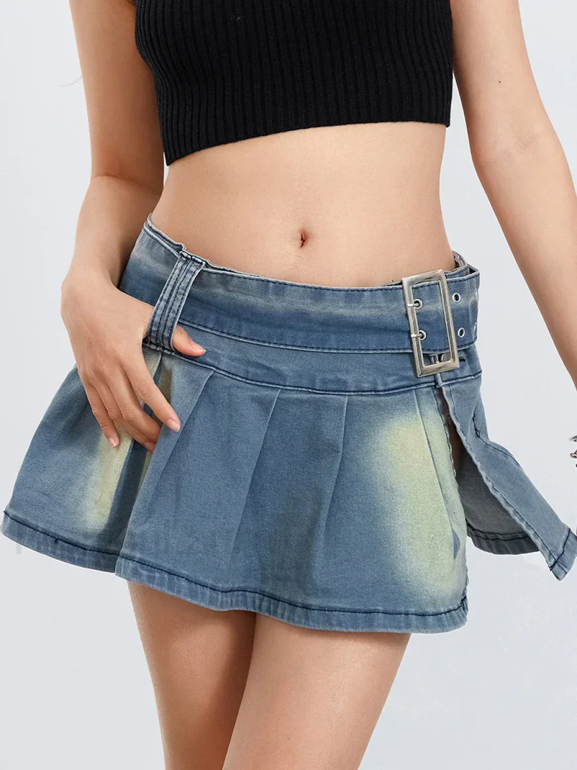 Low Waist Denim Pleated Streetwear Skirt - Image 10