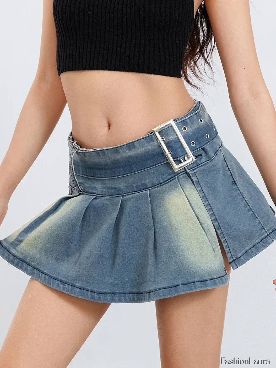 Low Waist Denim Pleated Streetwear Skirt - Image 11
