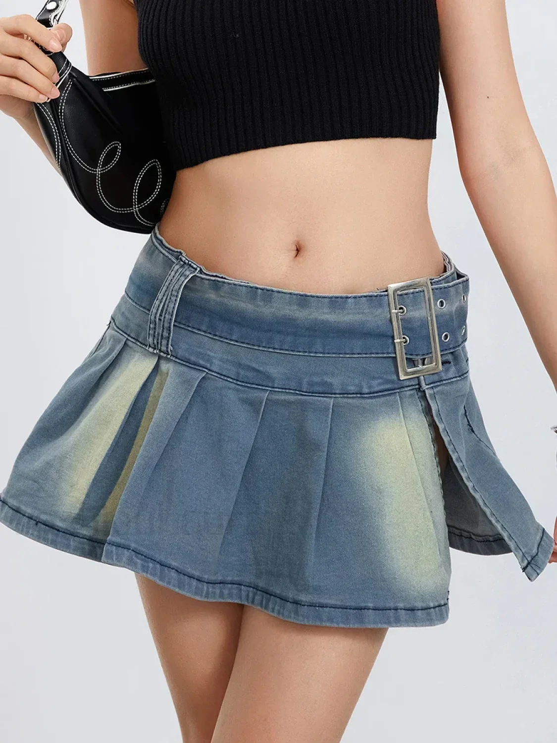 Low Waist Denim Pleated Streetwear Skirt - Image 5