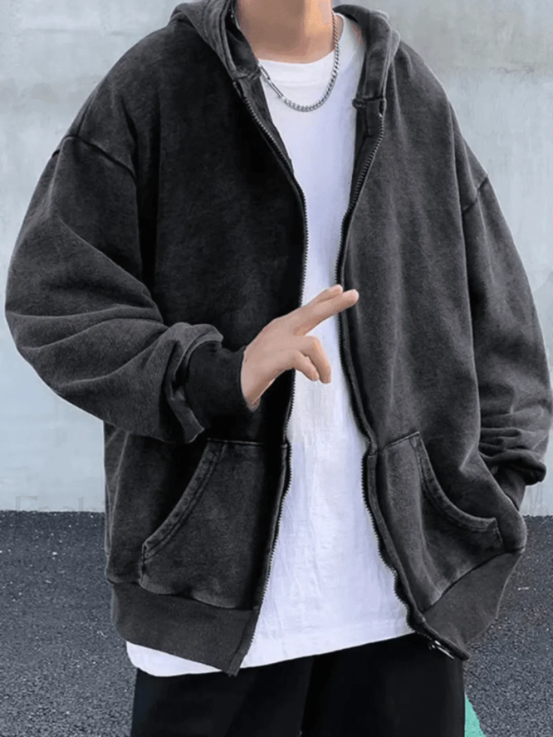 Men's Vintage Wash Black Zip-Up Hoodie - Image 8