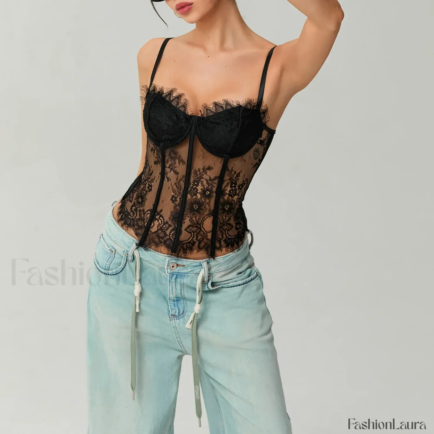 Mesh Bustier Lace Embroidery Corset Spaghetti Strap Crop Top - Image 13