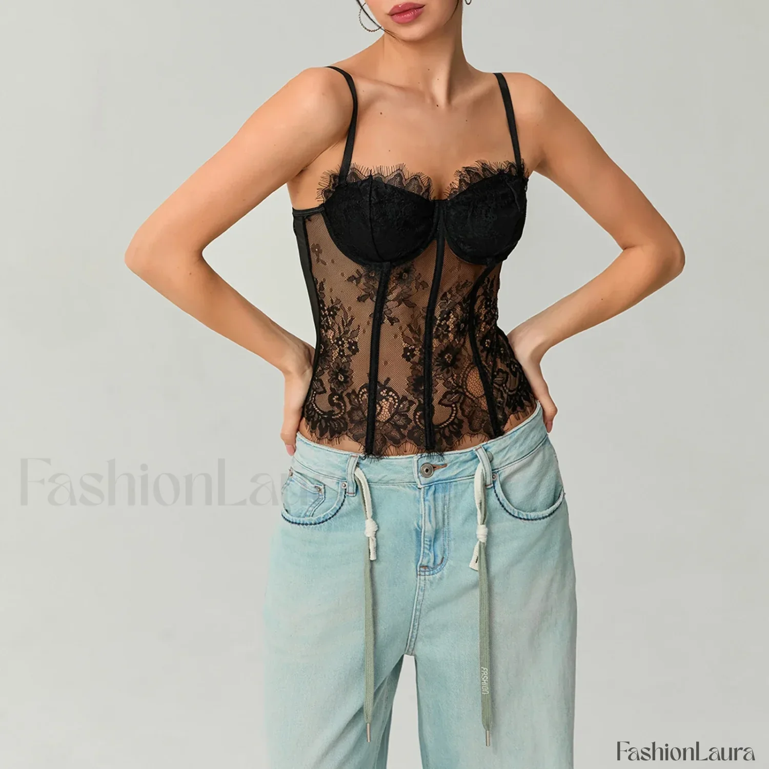 Mesh Bustier Lace Embroidery Corset Spaghetti Strap Crop Top - Image 14