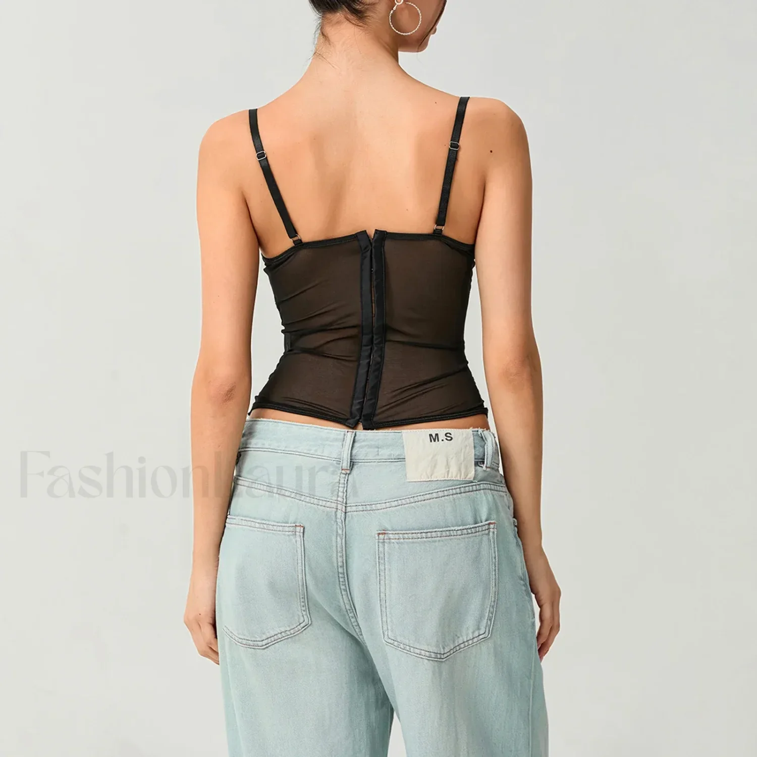 Mesh Bustier Lace Embroidery Corset Spaghetti Strap Crop Top - Image 5