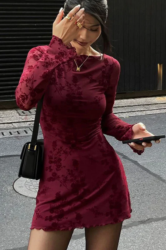Mesh Floral Long Sleeve Bodycon Dress - Image 4